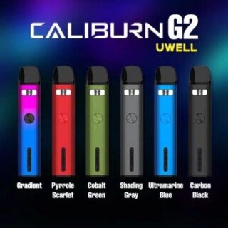 Uwell Caliburn G2 18W Pod System, featuring a 750mAh battery, 18W maximum output, and pod capacity up to 2mL of eJuice, Caliburn G2 adopts a wheel adjustment for the airflow. It is easier to get your ideal airflow and tastes with precision. Battery: 750mAh Rechargeable Pod capacity: 2 ml Wattage: 18W