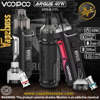 VOOPOO Argus 40W Pod Mod Kit is constructed of Alloy & Leather & PCTG with lightweight and exclusive hook. VOOPOO Argus 40W Pod Mod features GENE.AI chipset and 0.96 inch OLED screen to show the vaping information. VOOPOO Argus Pod Mod Kit works with built-in 1500mAh battery with max 40W output. VOOPOO Argus has two pods: 4.5ml PnP Pod & 2ml PnP MTL Pod to provide half-DL and MTL vaping. VOOPOO Argus cartridge adopts infinite airflow system and bottom filling design. VOOPOO Argus pod is compatible with PnP coils.